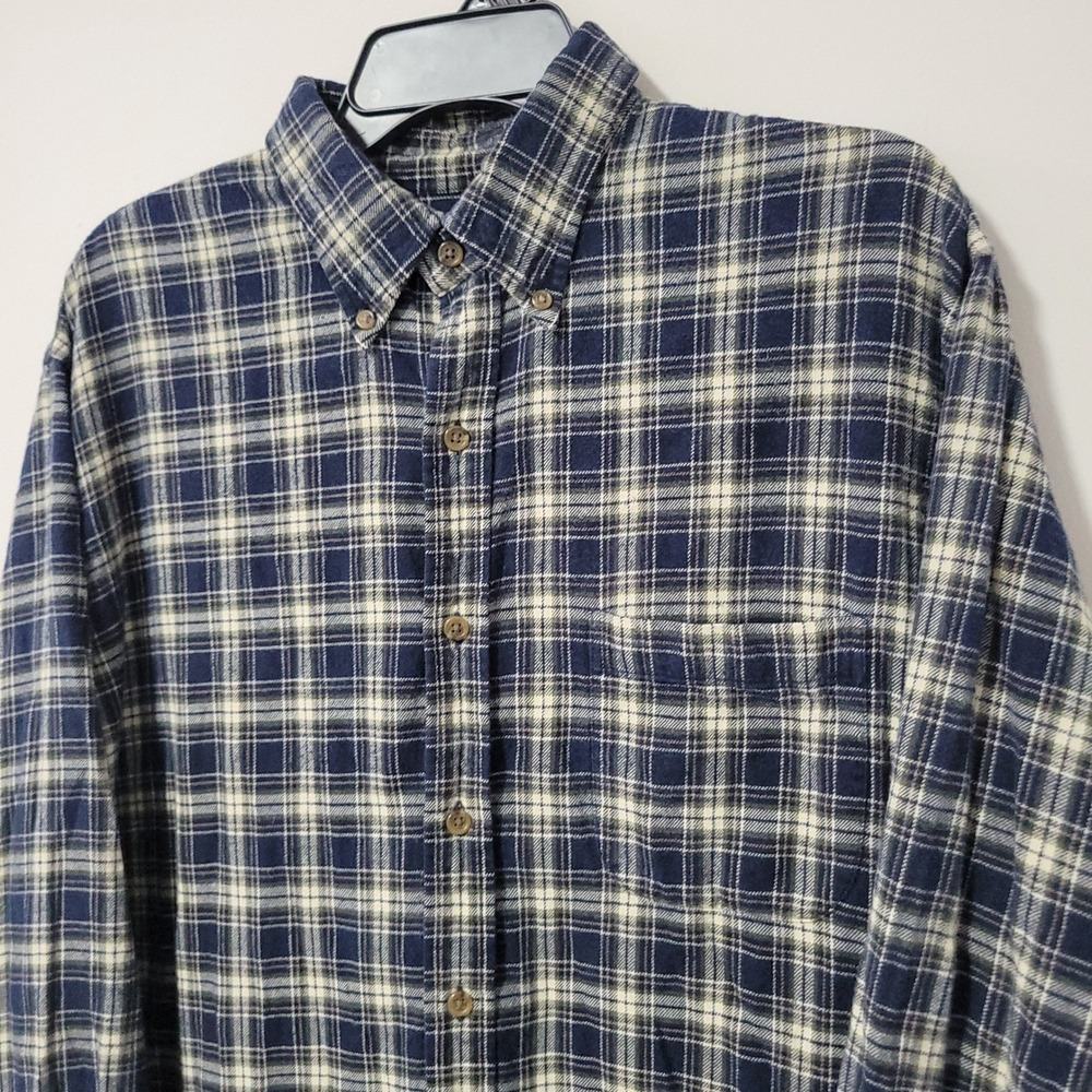 Vintage Lands' End Button Down Shirt Mens L Navy Cream Plaid Flannel 90s